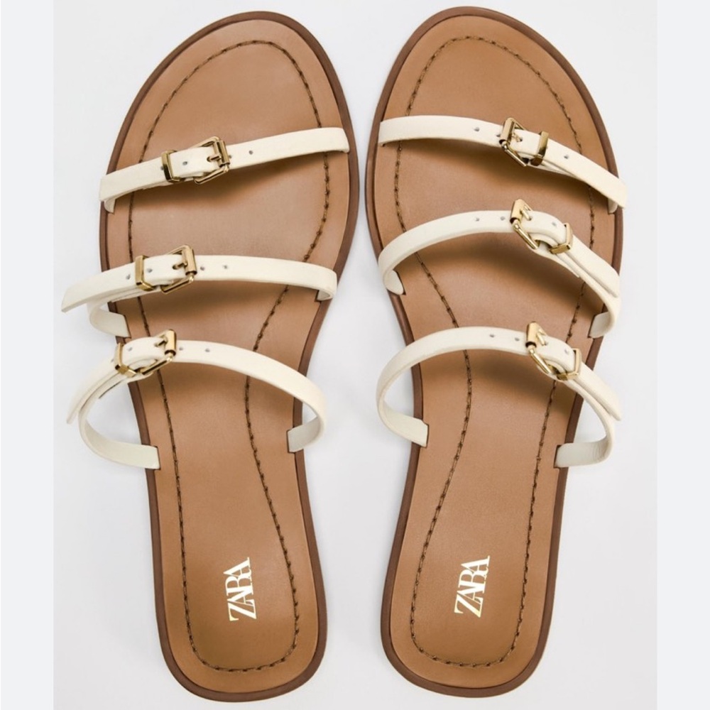 Zara White Flat Sandals with Leather Straps
